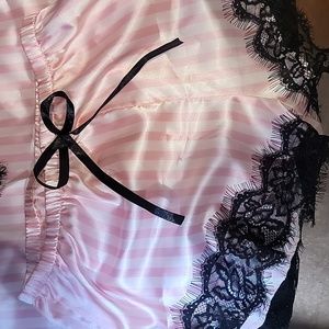 NEW Silky Striped Satin & Lace PJ Set Cami Tank Top Shorts Lingerie Pink Black